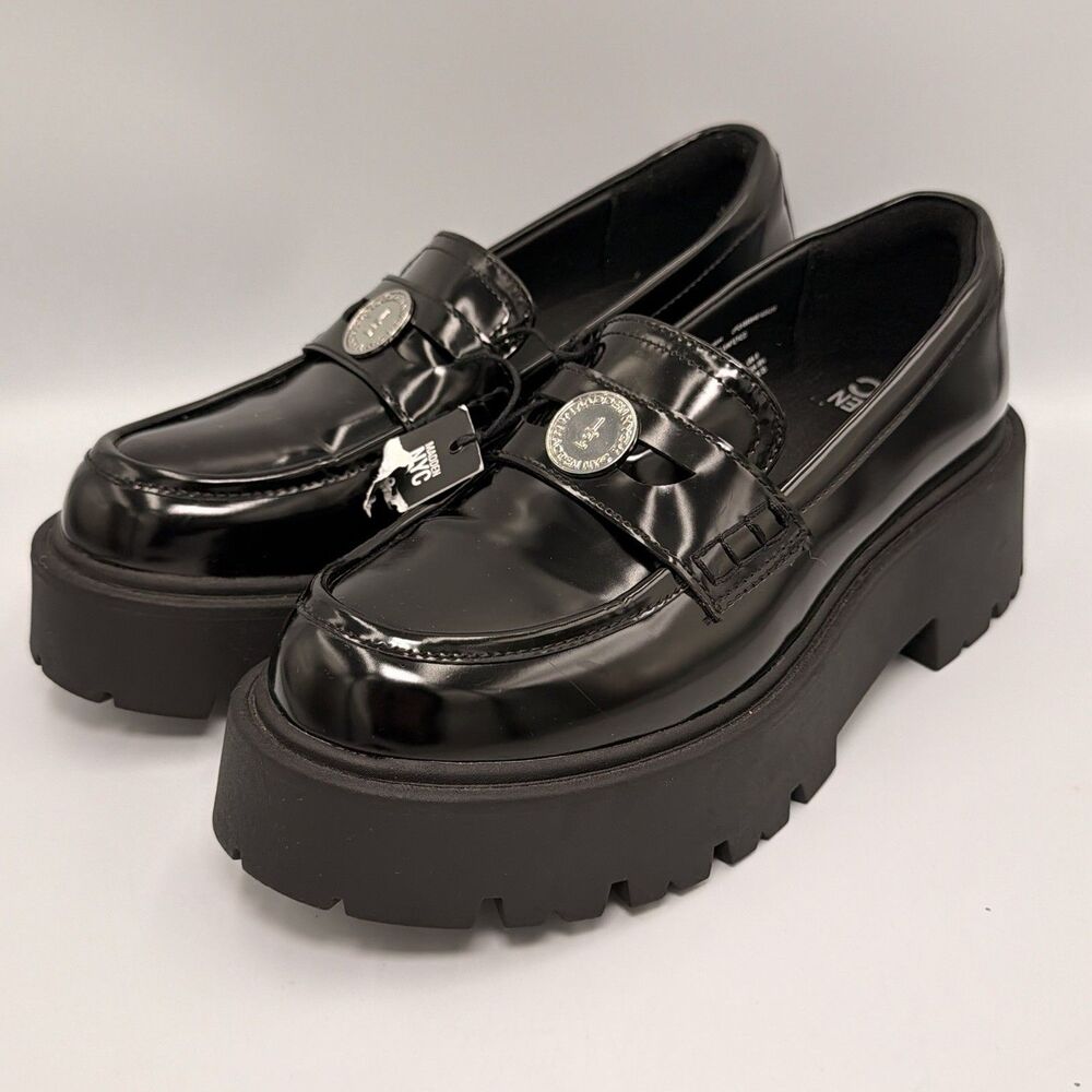 Madden Girl Calistaa Black Patent Platform Lug Penny Coin Loafers Women’s 8 NWT